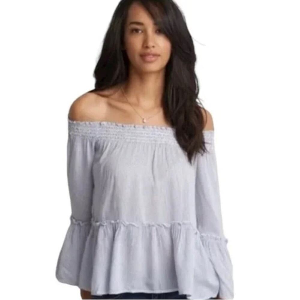 American Eagle Striped Off the Shoulders Bell Sleeve Blue/White Top